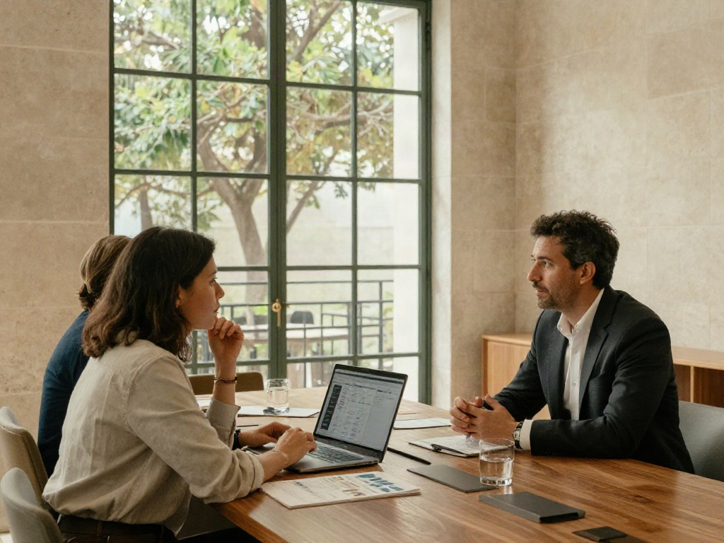 Business professionals discussing strategy and analytics around a conference table in a light-filled office